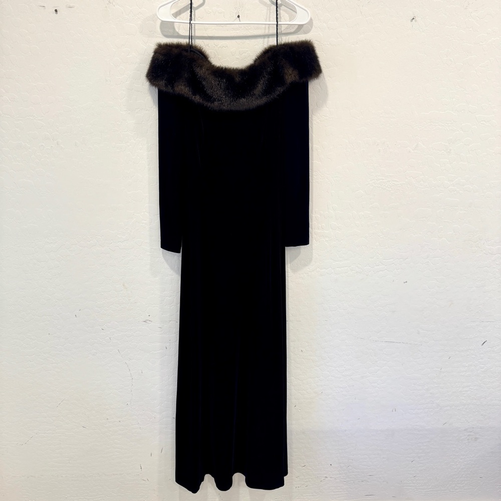 Vintage Cachet Gown Faux Fur Trim Womens 12 Black Velvet Old Hollywood Old Money